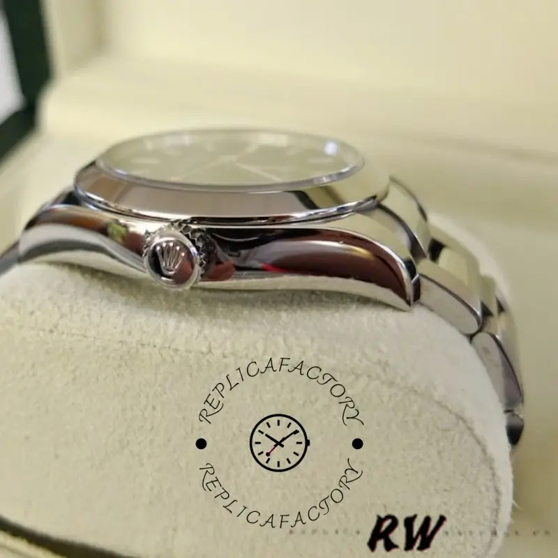 Side profile of Rolex Milgauss 116400, showing polished crown and smooth bezel.