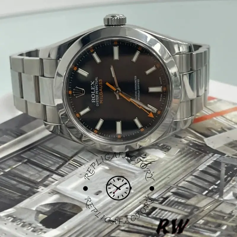 Angled view of Rolex Milgauss 116400, showing case and bracelet with black dial.