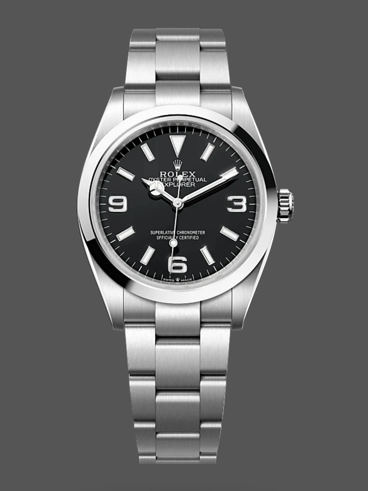 Rolex Explorer 124270 0001, front view of black dial on Oyster bracelet. - Front view