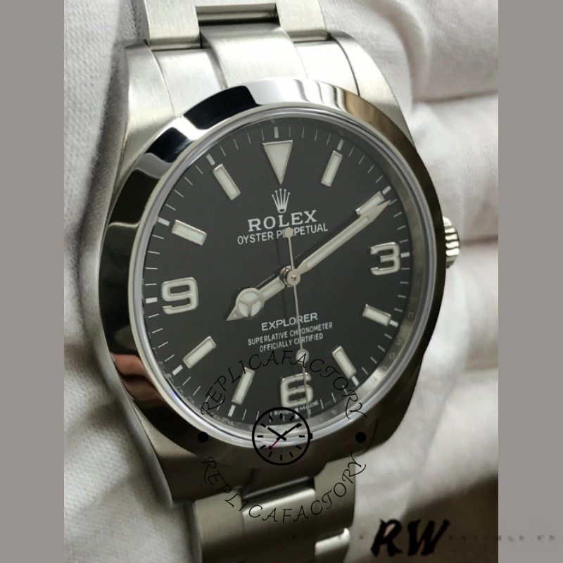 Rolex Explorer 214270 close-up, black luminous dial and smooth bezel, front angle.