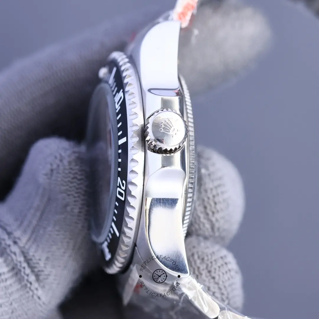 Rolex Sea-Dweller Deepsea 116660, product view on glove showing crown-side close-up, bezel edge.