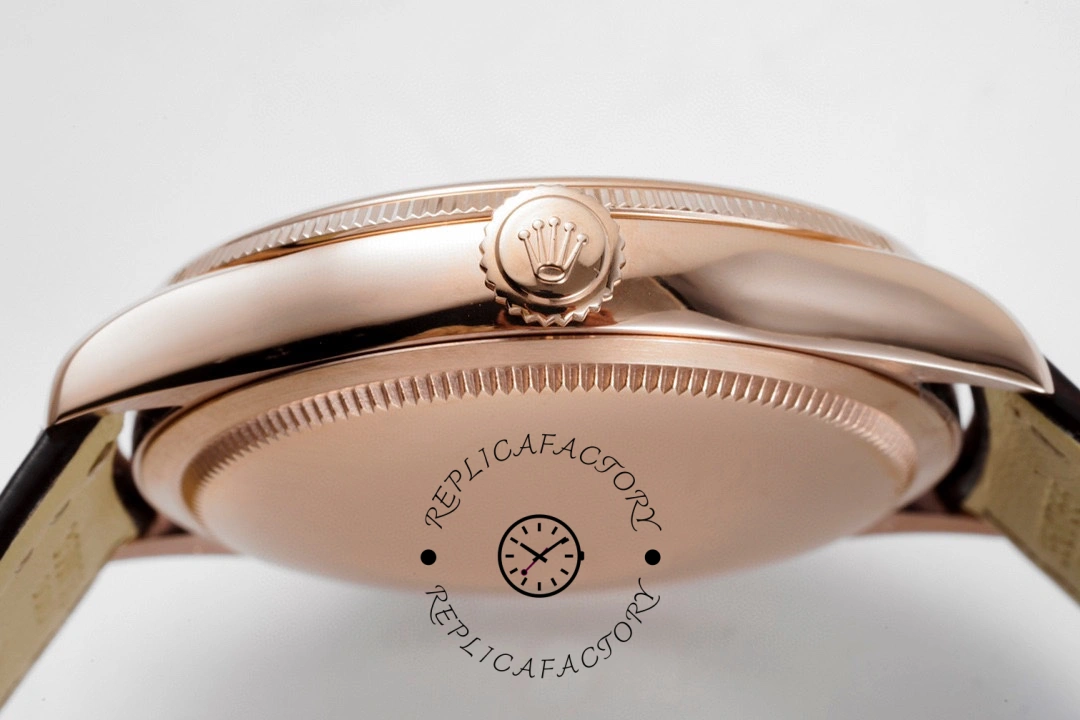 Rolex Cellini 50505 0020 39MM, case side close-up showing crown and polished bezel edge.