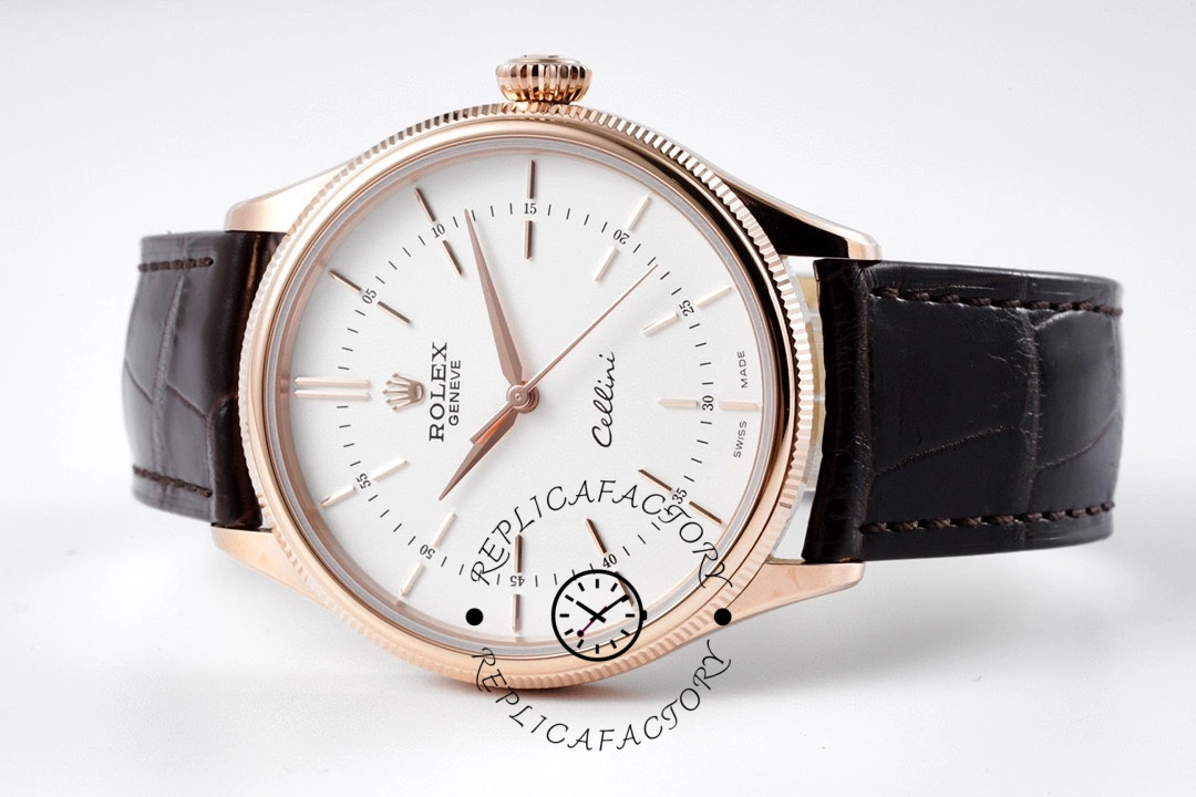 Rolex Cellini 50505 0020 39MM, product photo front view on white background with brown strap.