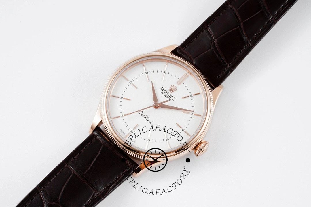 Rolex Cellini 50505 0020 39MM, full watch angled view with brown leather strap.