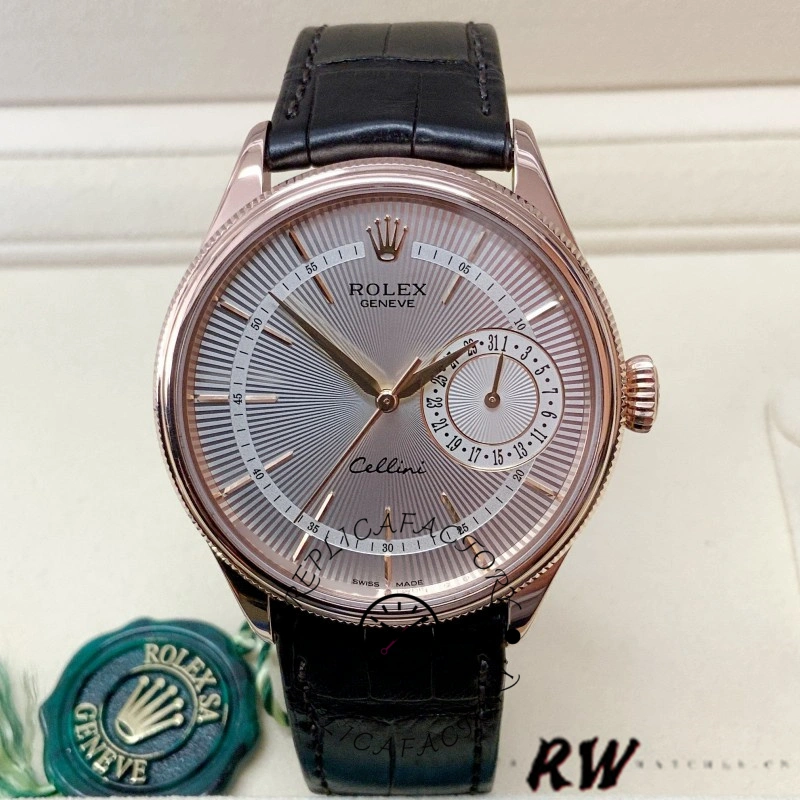 Rolex Cellini Date 50515, silver guilloché index dial and date subdial, rose gold case, black strap.