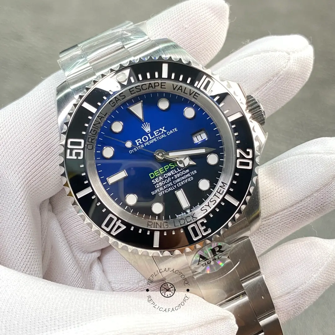 Rolex Sea-Dweller Deepsea 116660, gloved hand close-up showing dial details and date.