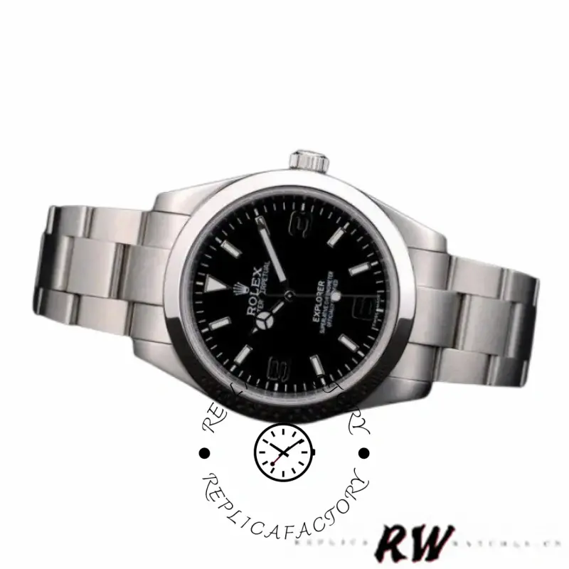 Rolex Explorer 42002, angled front view showing smooth bezel and steel Oyster bracelet.