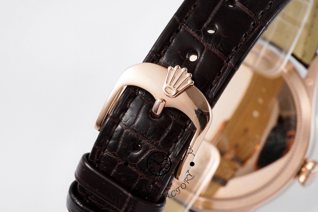 Rolex Cellini 50505 0020 39MM, buckle close-up showing pin buckle on brown leather strap.