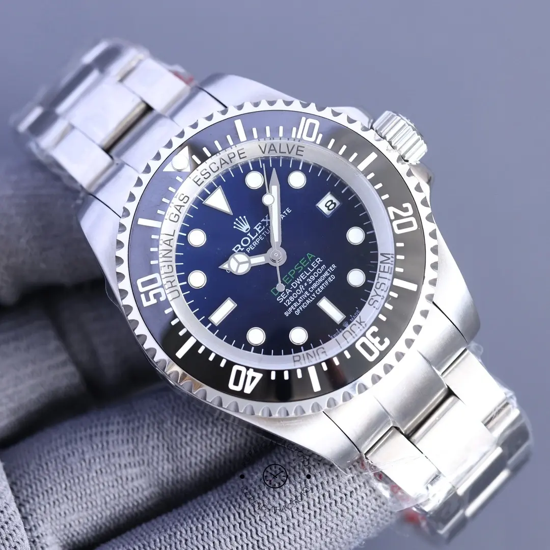 Rolex Sea-Dweller Deepsea 116660, side profile on glove showing bezel teeth and case height.