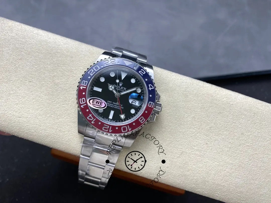 Rolex GMT-Master II 126710BLRO 0002 on pillow, full watch view with bracelet.