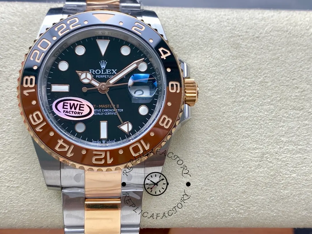 Front on-cushion view of Rolex GMT-Master II 126711CHNR, black dial and black-brown bezel.