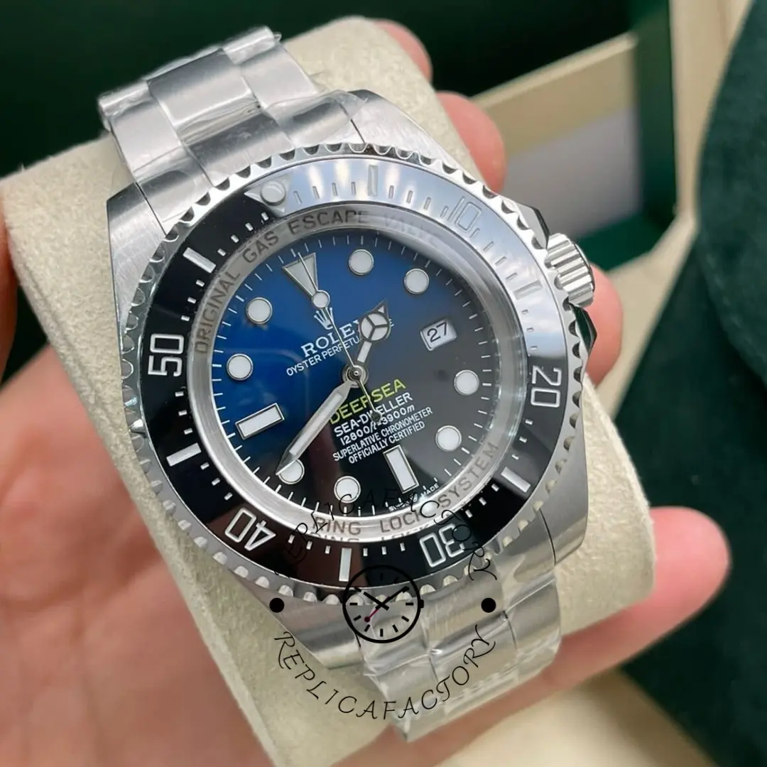Rolex Sea-Dweller Deepsea 136660 0005, hand-held front view with green box background.