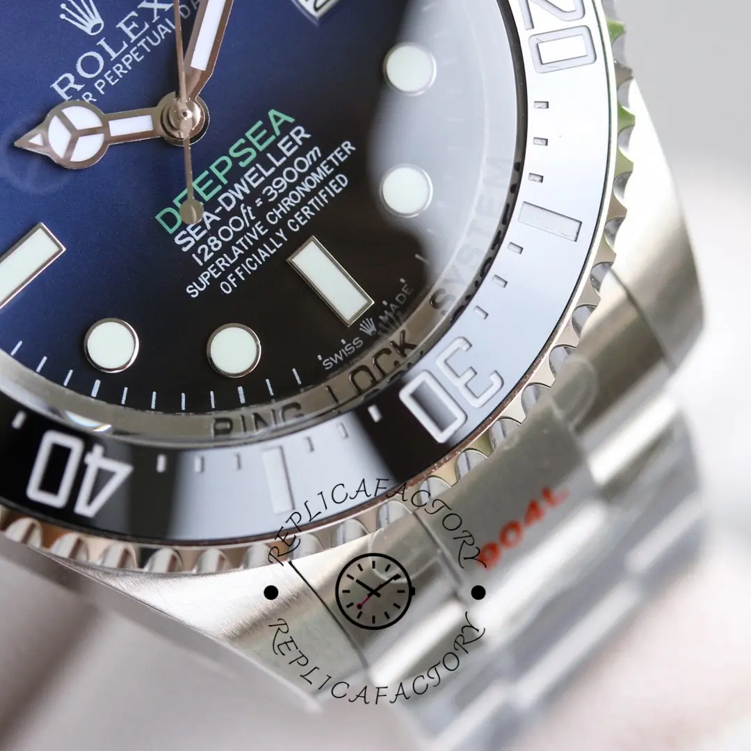 Rolex Sea-Dweller Deepsea 136660 0005, bezel insert macro showing minute marks and finish.