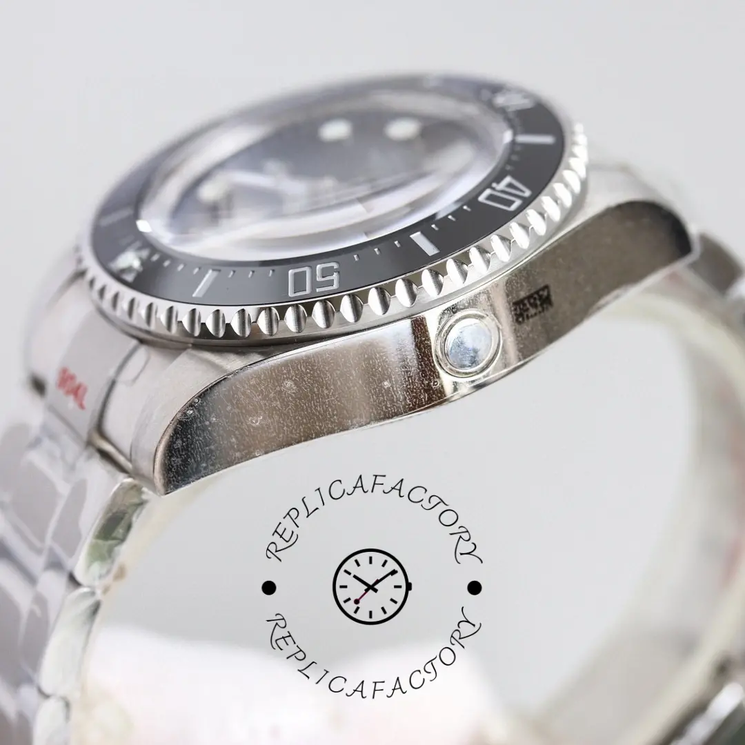 Rolex Sea-Dweller Deepsea 136660 0005, case edge close-up showing bezel knurling detail.