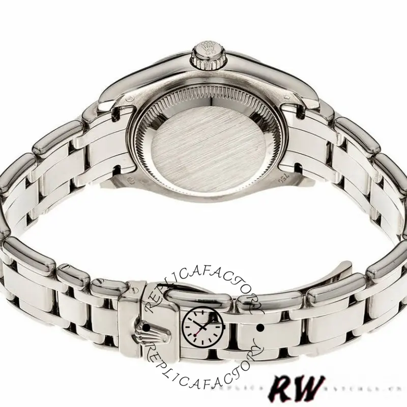 Rolex Pearlmaster 80339 case back view, bracelet underside and clasp, rear angle.