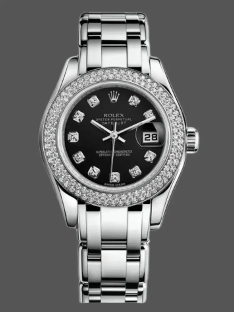 Rolex Pearlmaster 80339, 29mm black diamond dial, diamond bezel, Pearlmaster bracelet, front view. - Front view
