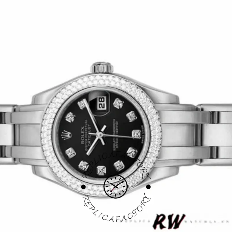 Rolex Pearlmaster 80339 front angle on white, black dial and diamond bezel, bracelet view.