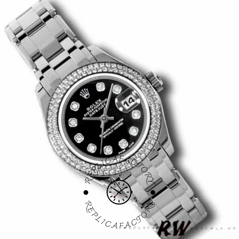 Rolex Pearlmaster 80339 side angle, case profile and diamond bezel detail, bracelet visible.