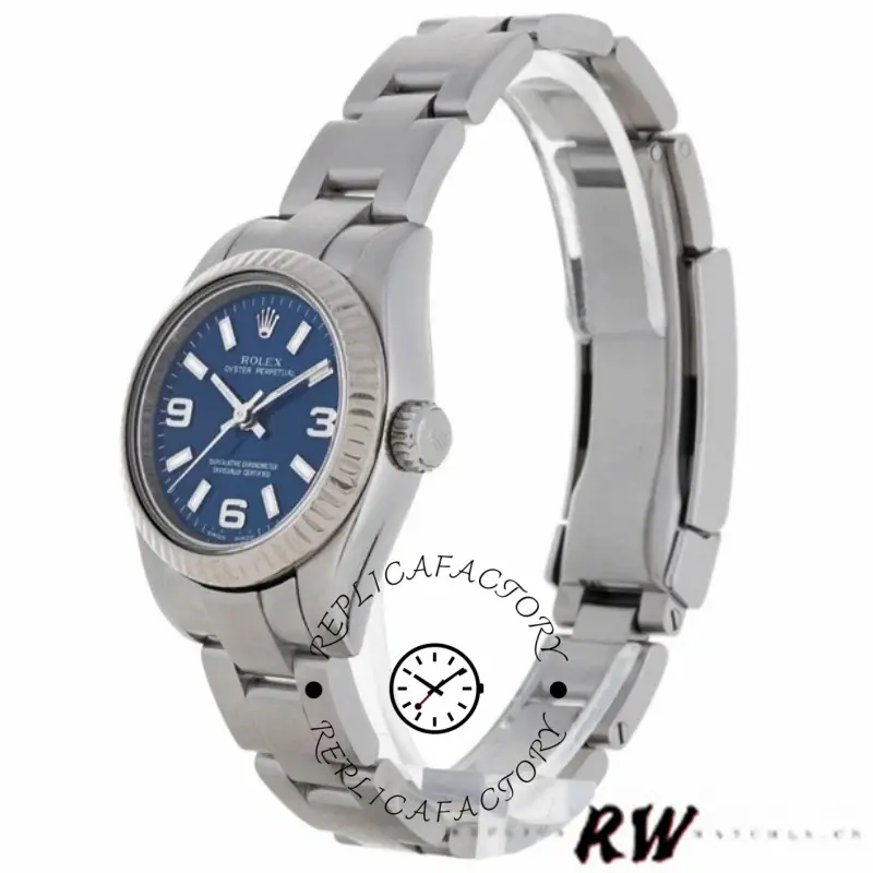 Side view of the Rolex Oyster Perpetual 176234 showing fluted bezel height and blue dial, 26mm.