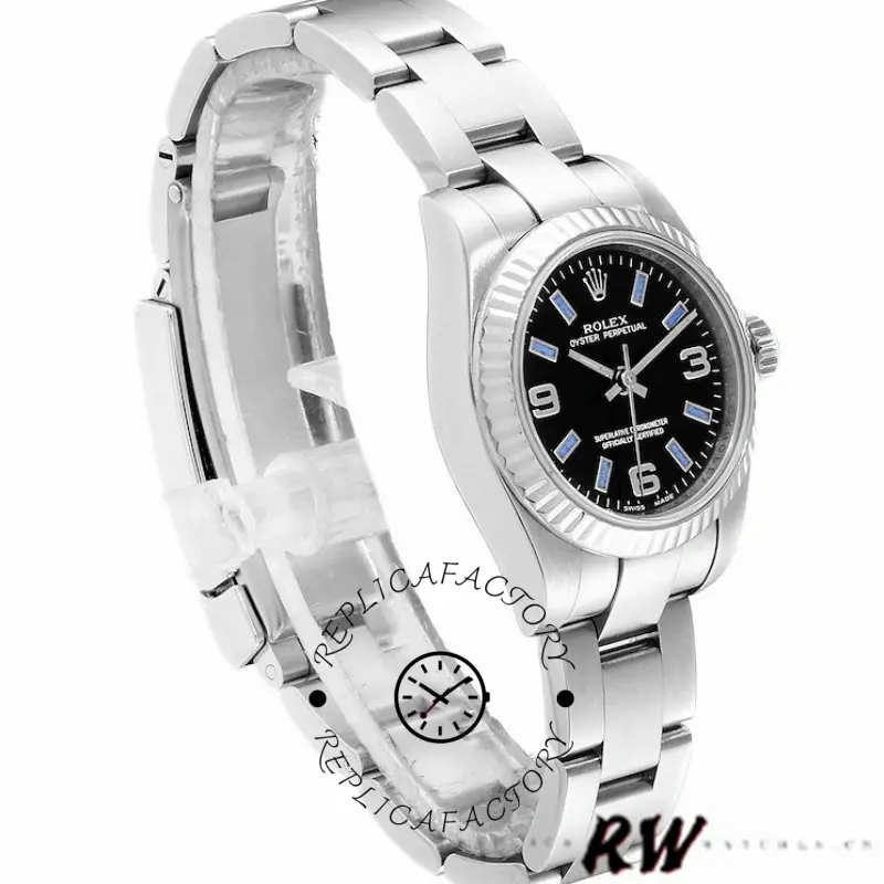 Rolex Oyster Perpetual 176234, angled full view showing black dial and steel bracelet.