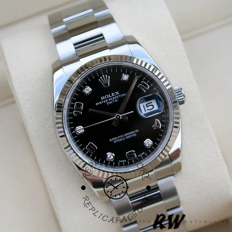 Front view of Rolex Oyster Perpetual Date 115234 showing black diamond dial and bracelet.