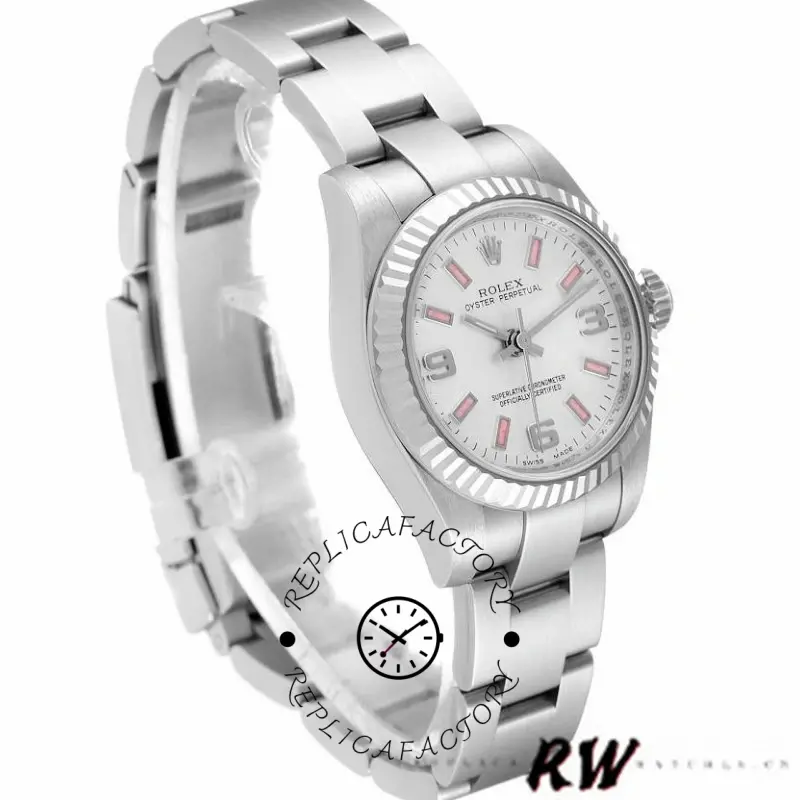 Angled view of the Rolex Oyster Perpetual 176234 showing silver dial and Oyster bracelet, 26mm.