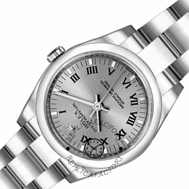 Rolex Oyster Perpetual 176200, dial close-up showing rhodium grey Roman numerals and hands, 26mm.
