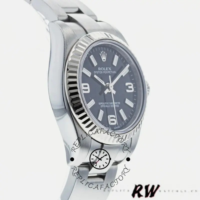 Rolex Oyster Perpetual 176234 angled view, black Arabic dial and fluted bezel detail.
