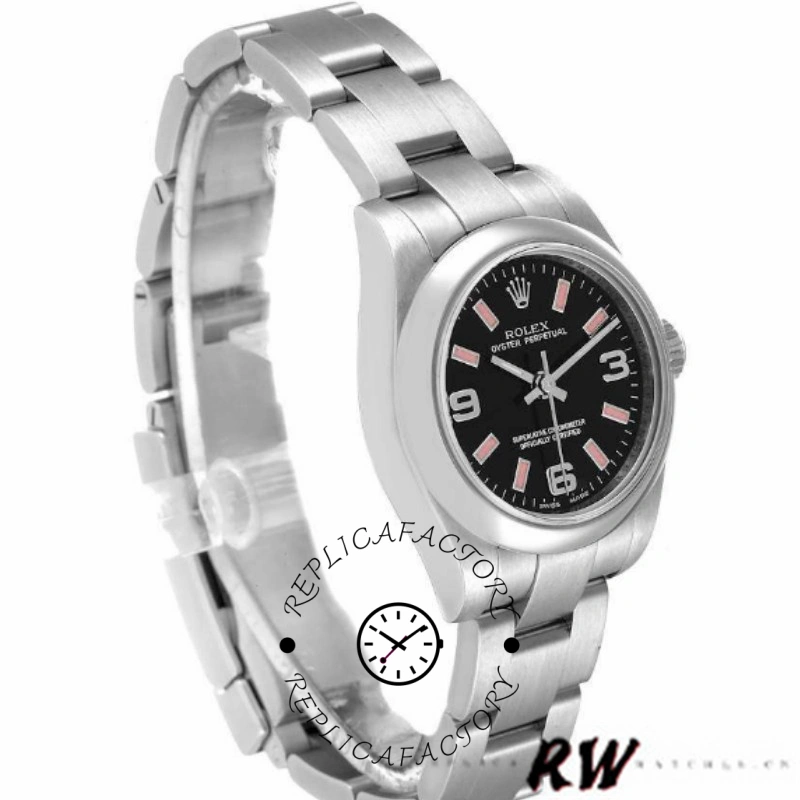 Rolex Oyster Perpetual 176200, angled side view showing case profile and Oyster bracelet, 26mm.