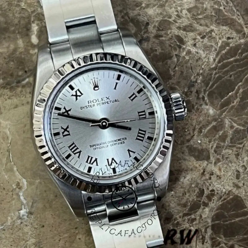 Rolex Oyster Perpetual 176234 front angle, silver Roman diamond dial and fluted bezel detail.