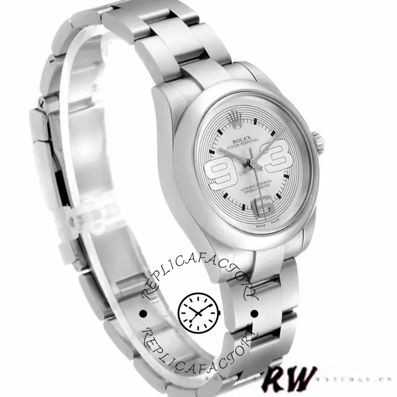 Rolex Oyster Perpetual 177200, angled full view showing silver Arabic dial and Oyster bracelet.