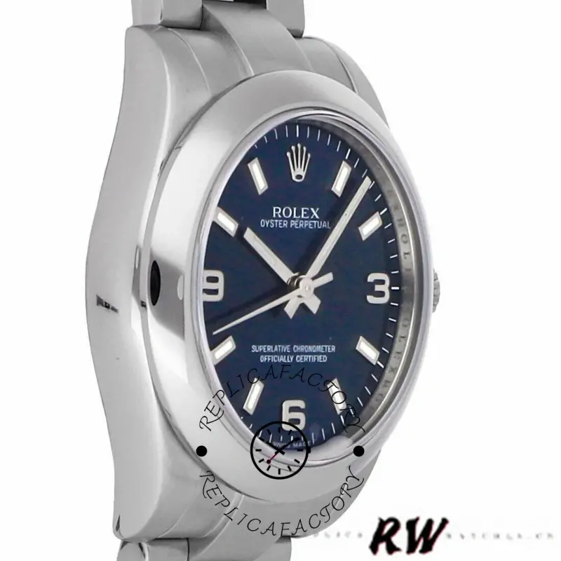 Side profile of the Rolex Oyster Perpetual 177200 showing domed bezel height and case thickness.