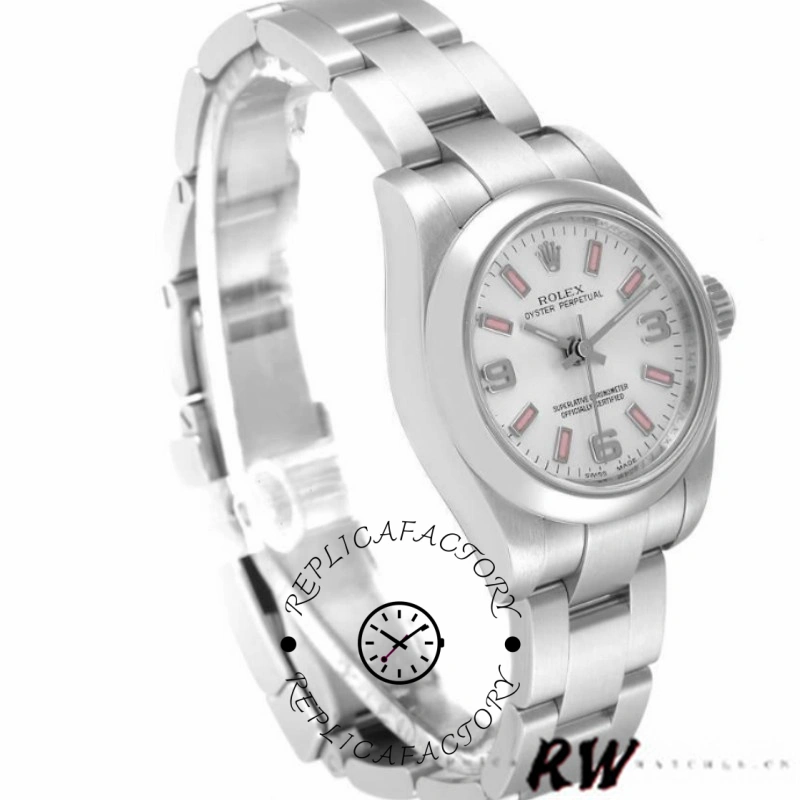 Rolex Oyster Perpetual 176200 side angle, 26mm silver dial and smooth bezel on Oyster bracelet.