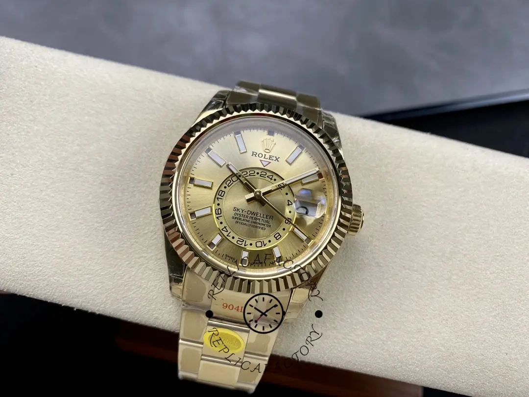 Rolex Sky-Dweller m336938-0001, full-style display shot highlighting the yellow gold tone.
