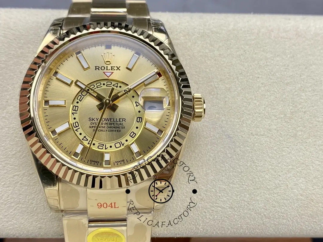 Rolex Sky-Dweller m336938-0001, dial close-up showing fluted bezel and luminous hour markers.