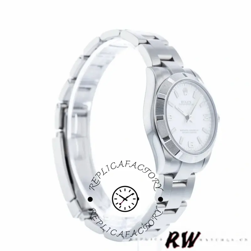Rolex Oyster Perpetual 177210 side angle, 31mm white dial and smooth bezel on Oyster bracelet.