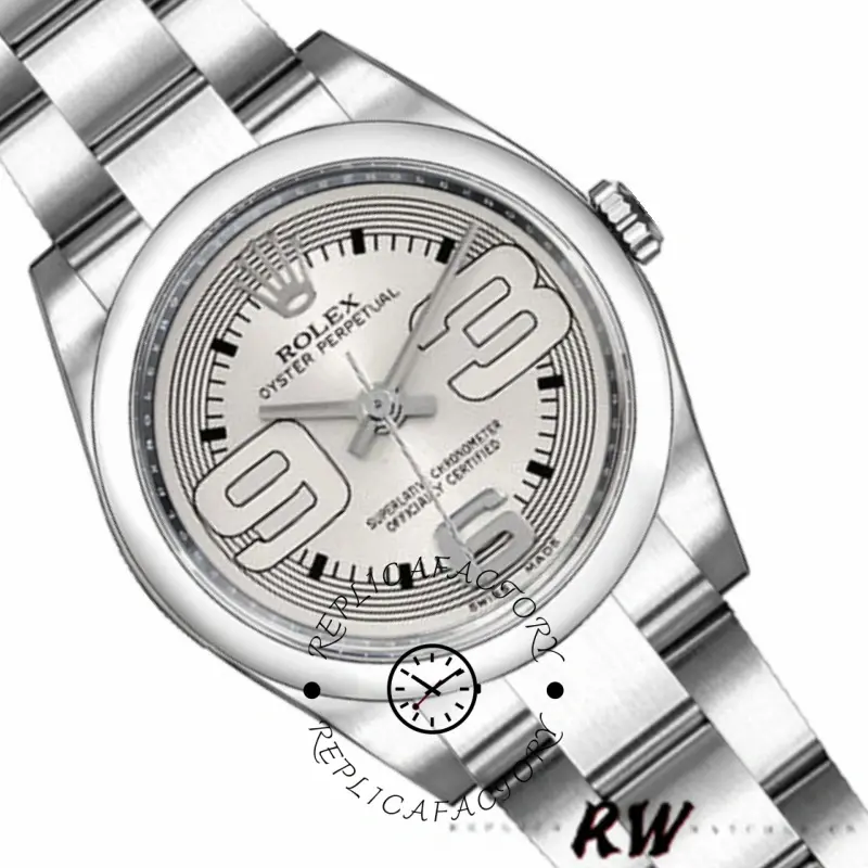 Dial close-up of the Rolex Oyster Perpetual 176200 showing Arabic numerals and smooth bezel, 26mm.