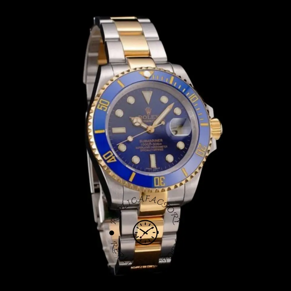 Angled view of Rolex Submariner PR16233B showing gold center links and blue sunburst dial.
