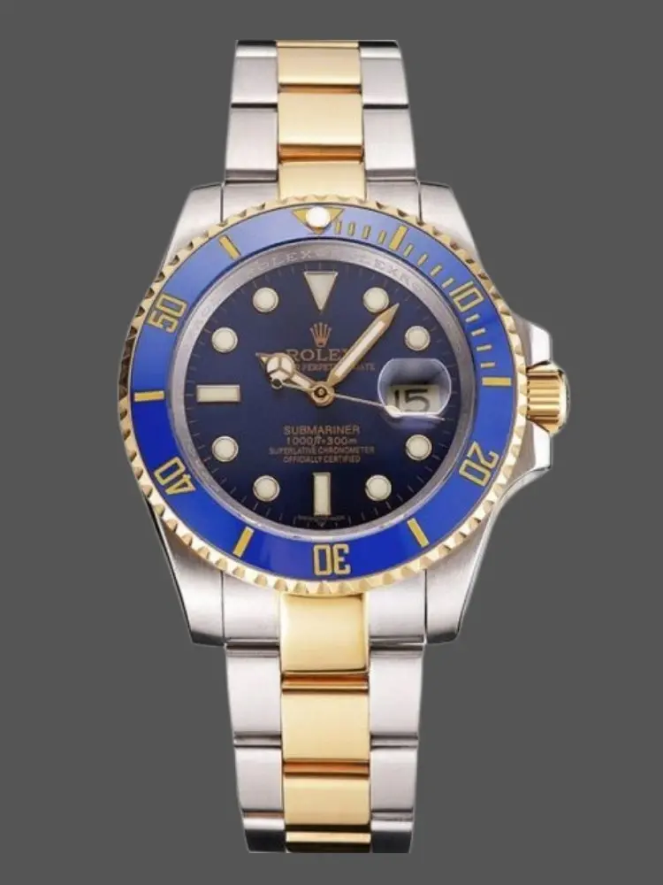 Front view of Rolex Submariner PR16233B, two-tone bracelet, blue dial, blue bezel. - Front view