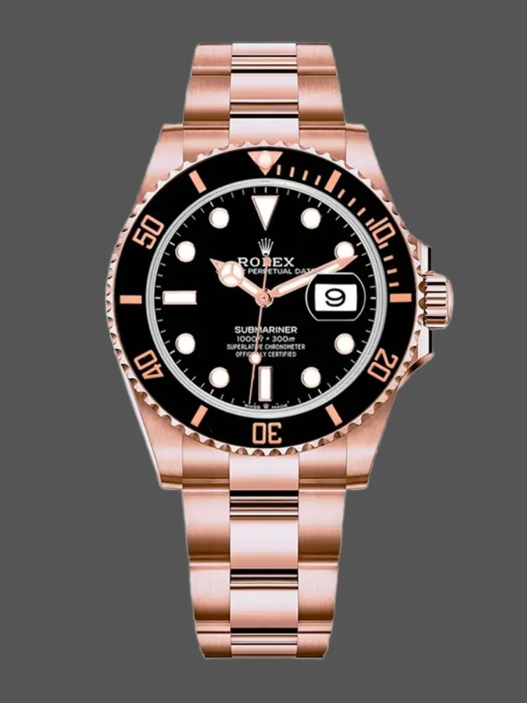 Rolex Submariner 126605 full watch view, rose gold case and bracelet with black dial and black bezel. - Front view