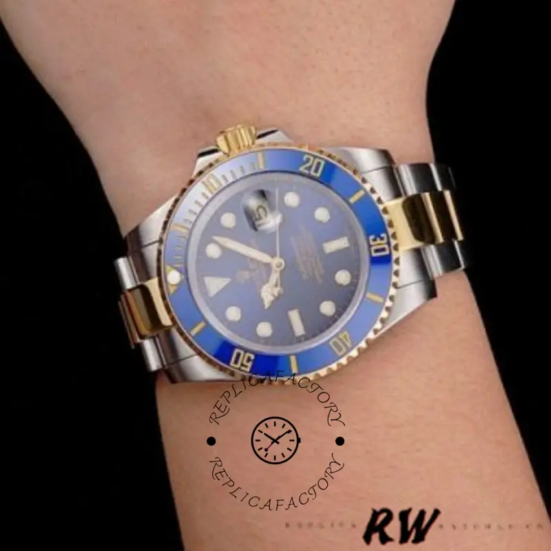 Wrist shot of Rolex Submariner PR16233B showing blue dial, luminous markers, and two-tone bracelet.