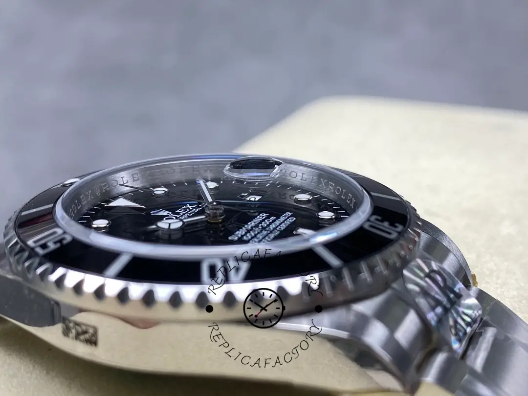 Rolex Submariner 16610 bezel side profile, showing serrated edge and crystal height.