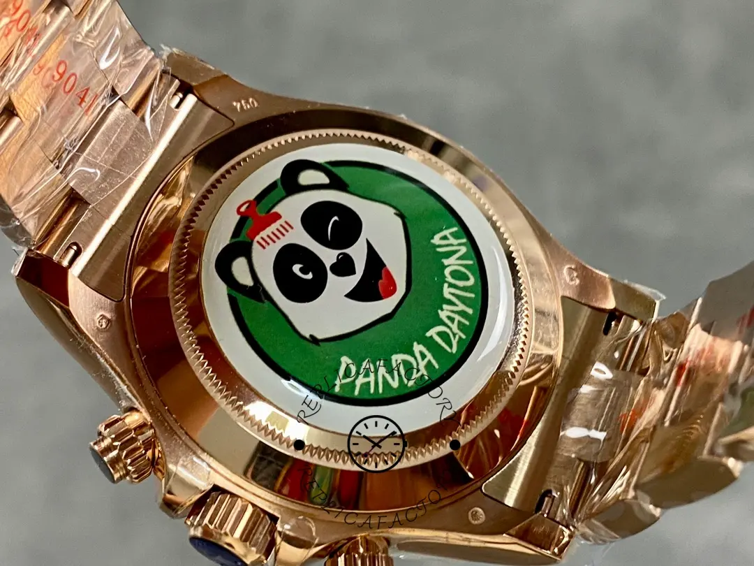 Case back close-up of Rolex Daytona 126505-0001 showing protective sticker on the back.