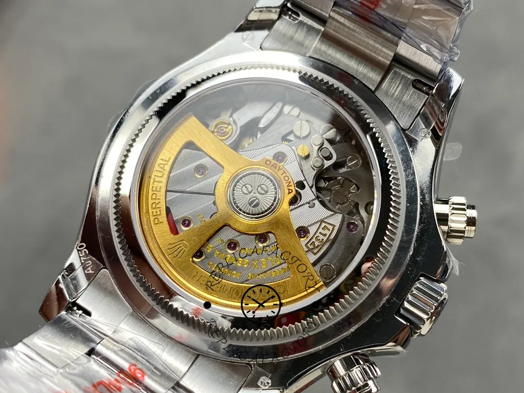 Case back view of the Rolex Daytona 126529LN 40MM showing movement with gold rotor.