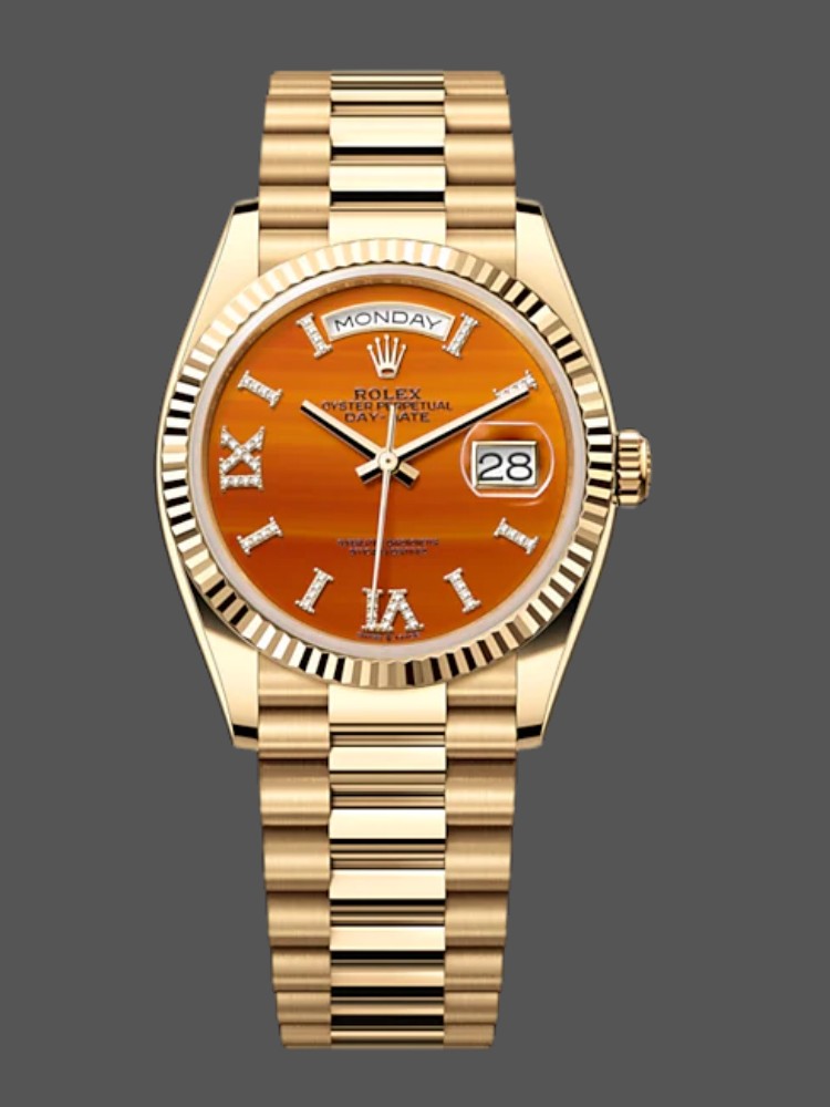 Rolex Day-Date 128238 Fluted Bezel Carnelian dial 36MM Unisex Stainless steel strap