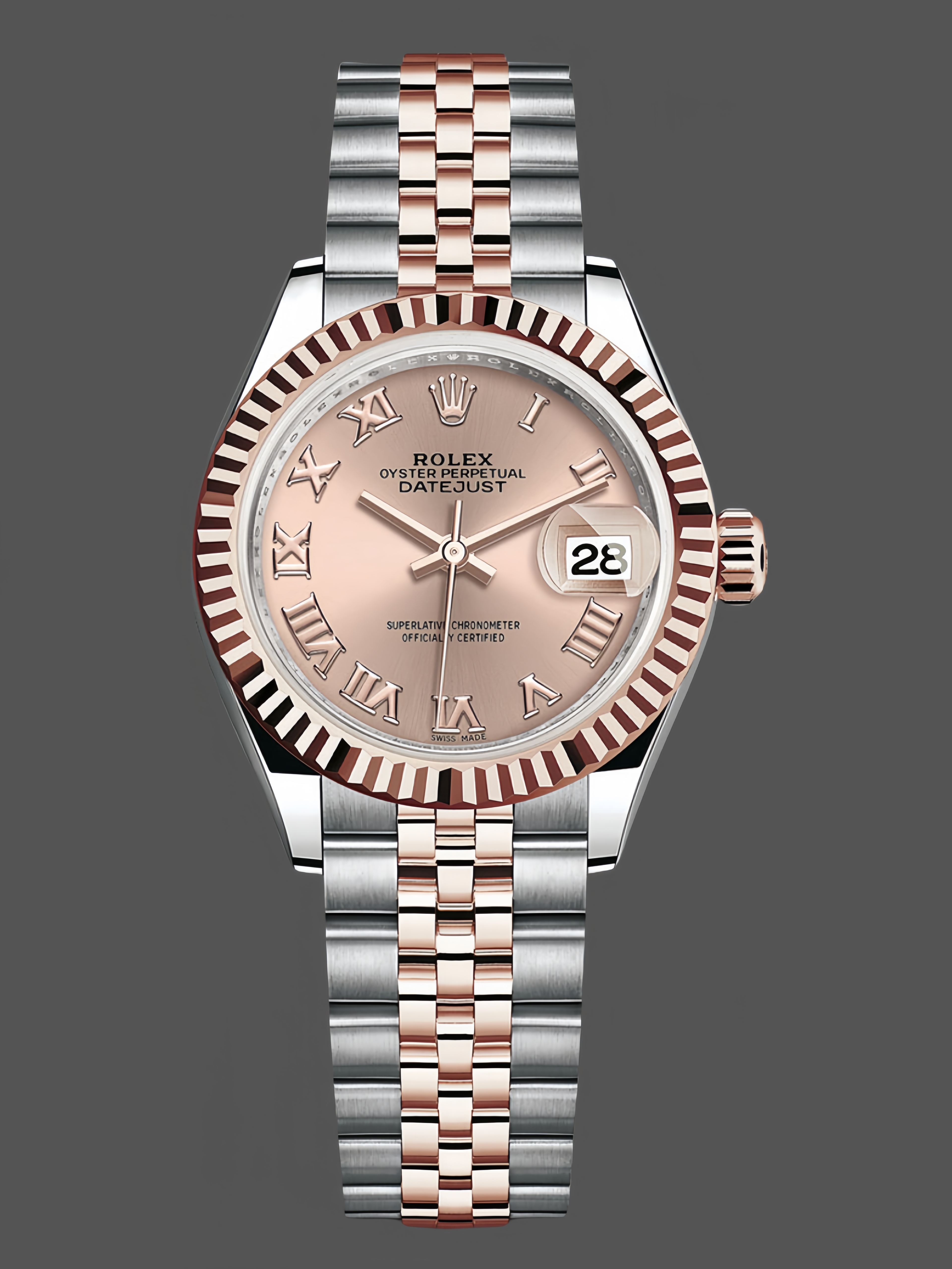 Rolex Datejust 278271 Sun Dust Pink Roman Dial Two Tone Rose Gold Fluted Bezel Jubilee
