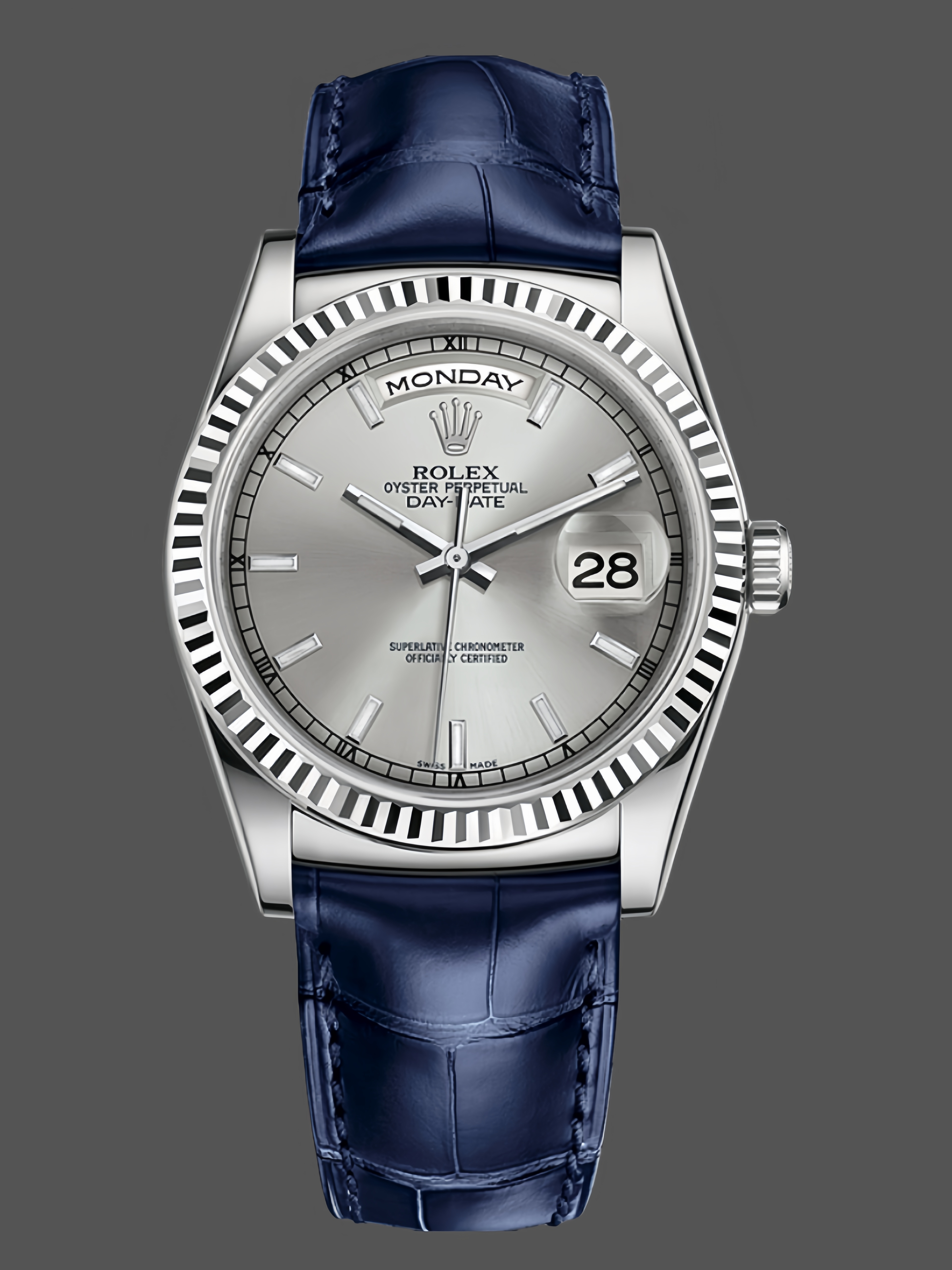 Replica Rolex Day Date 36 White Gold Silver Dial 118139 0097 Blue Leather Strap