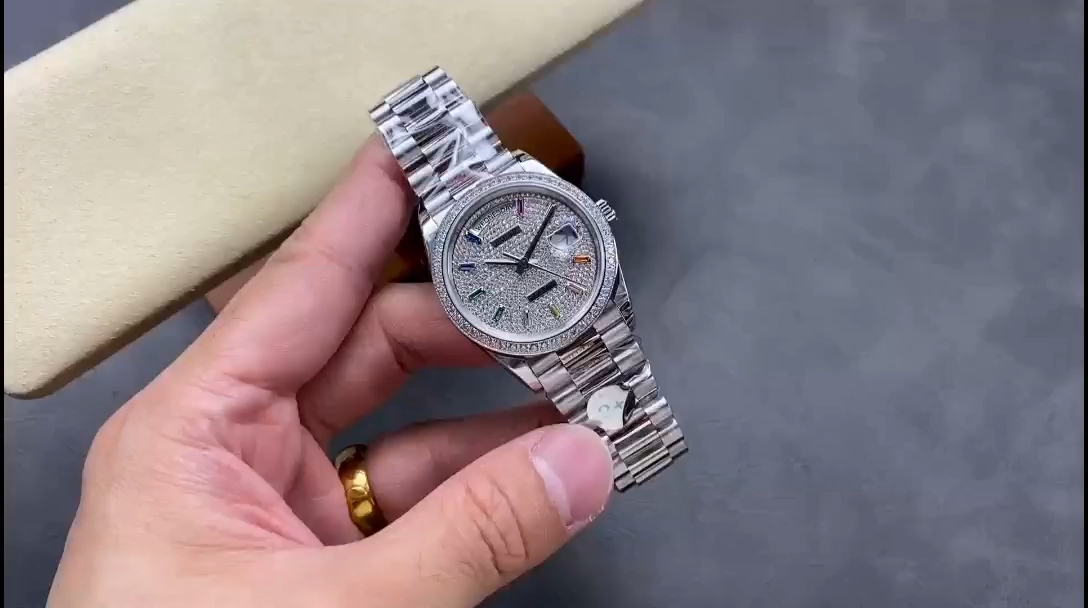 Replica Rolex Day Date 36mm White Gold 128349RBR 0006 Pave Rainbow Stainless Steel Strap