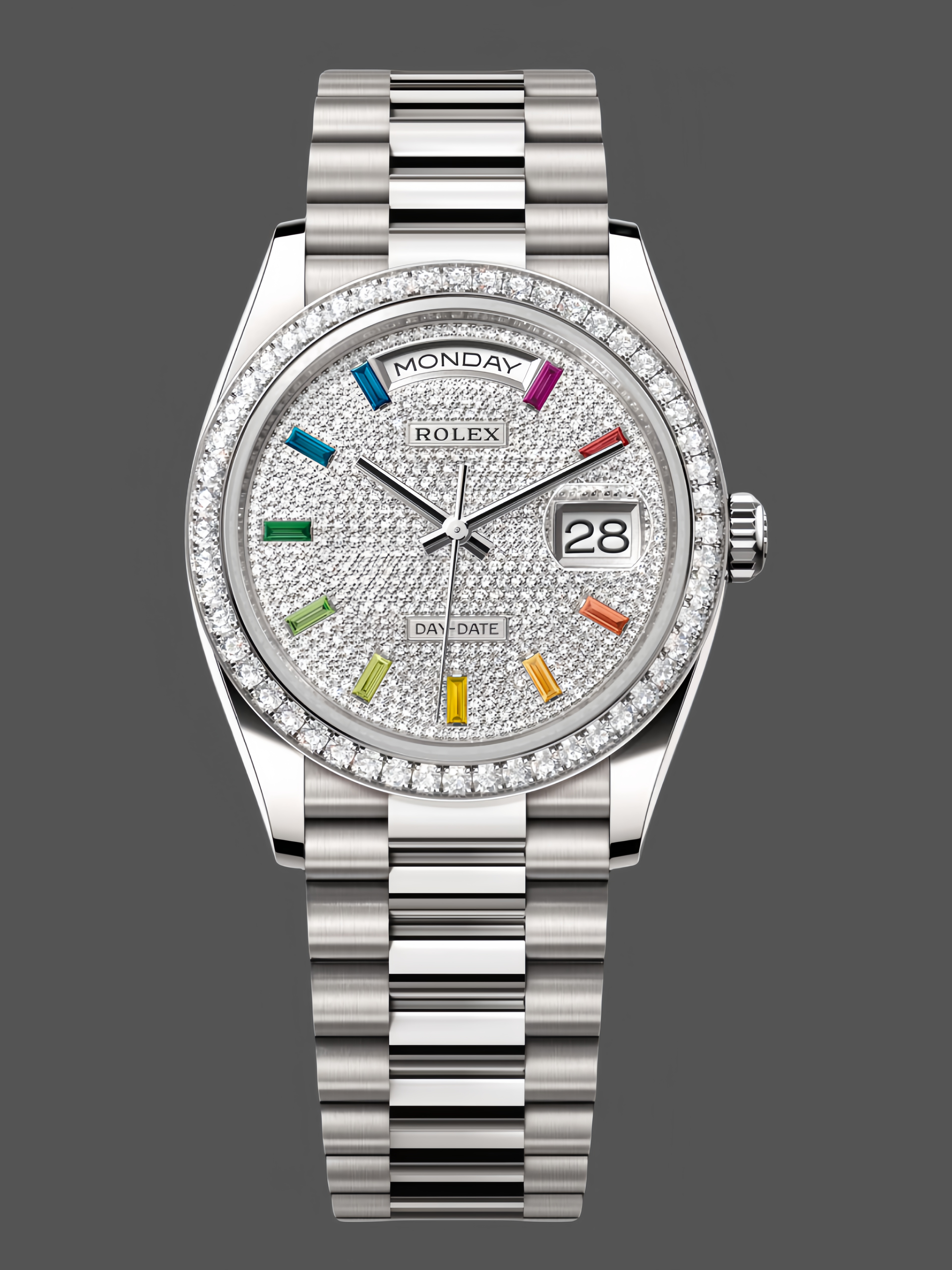 Replica Rolex Day Date 36mm White Gold 128349RBR 0006 Pave Rainbow Stainless Steel Strap