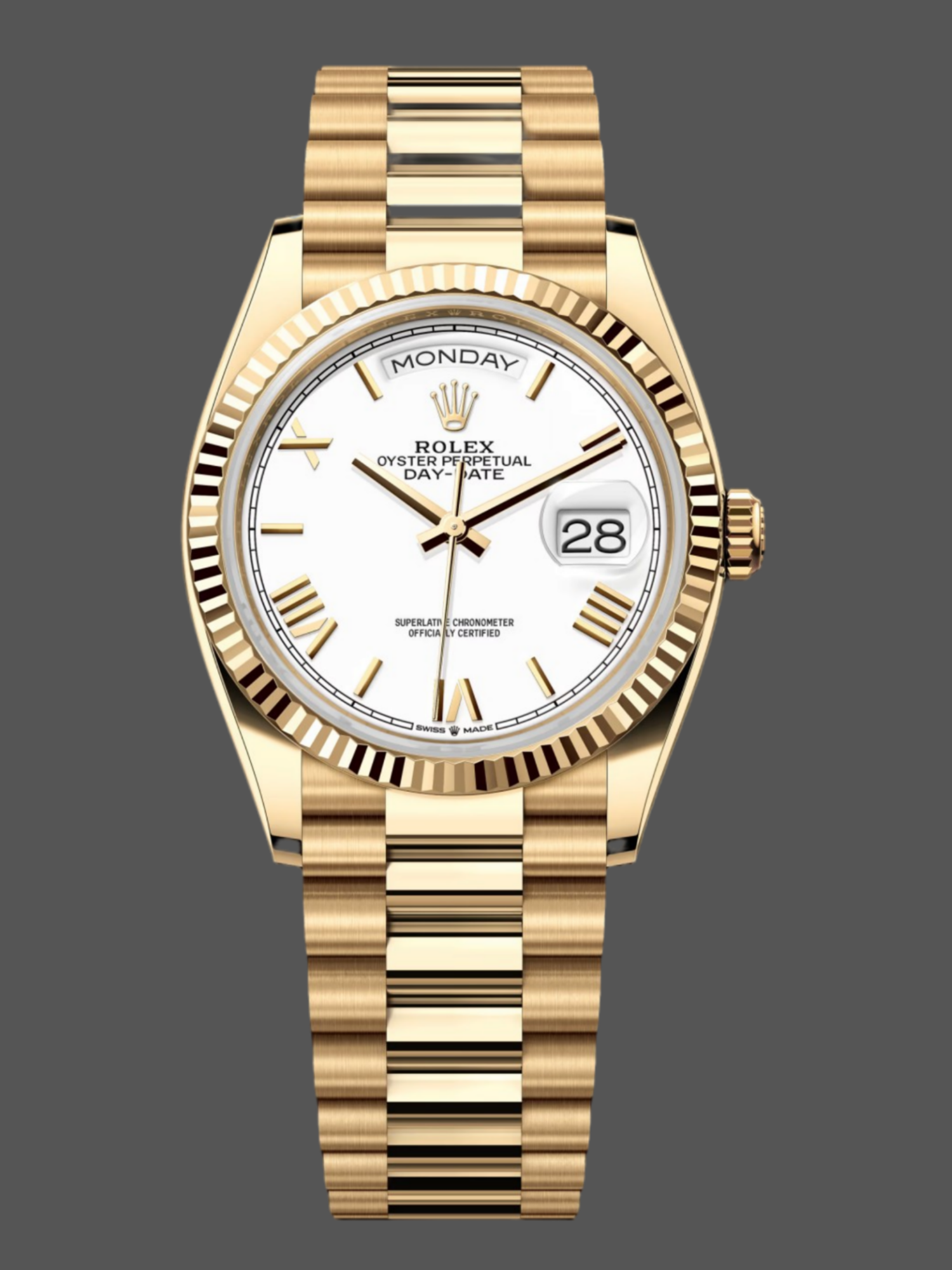Rolex Day-Date 128238 0013 Fluted Bezel White Roman Dial 36MM Replica Watch